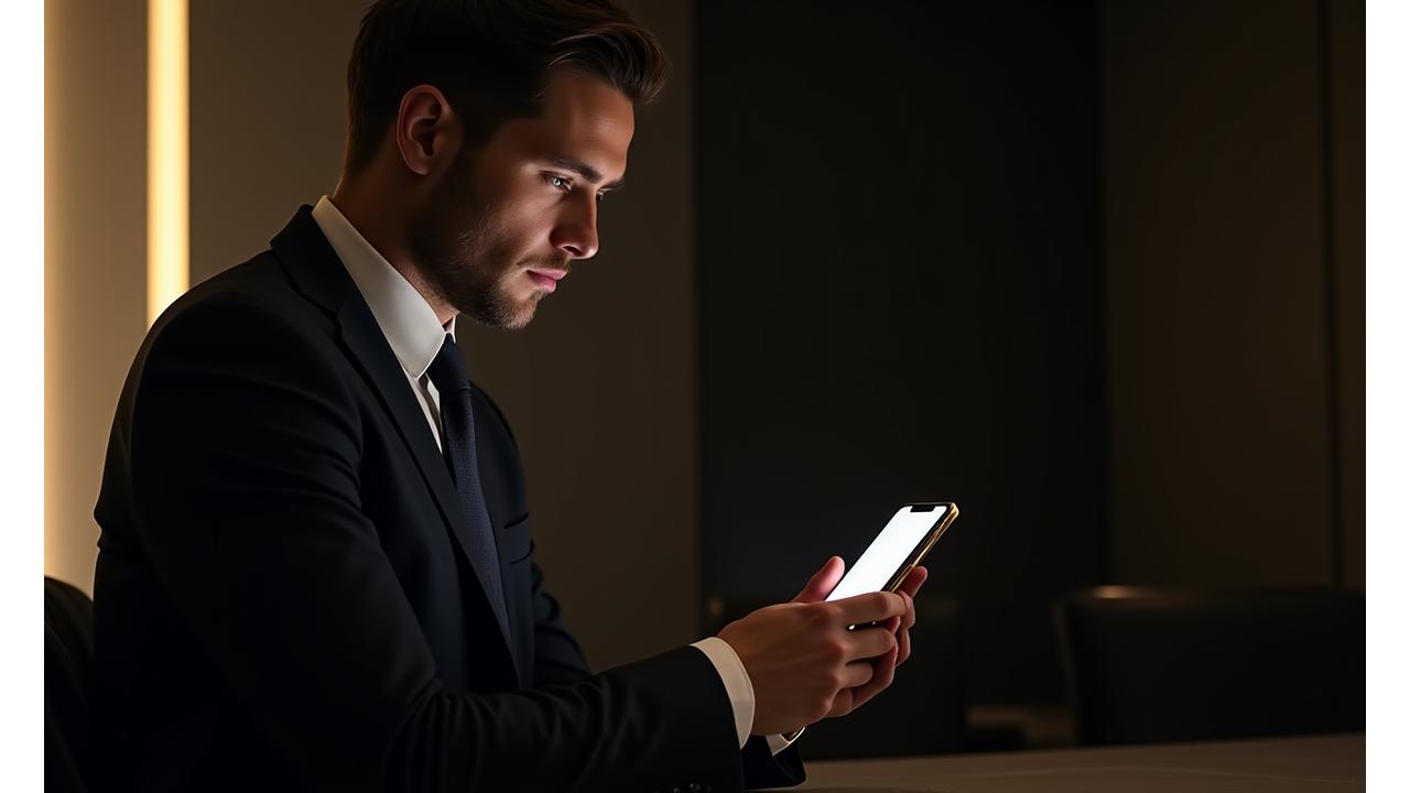 A sophisticated founder thoughtfully observing a bespoke luxury smartphone, symbolizing vision and meticulous attention to detail.