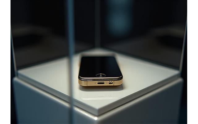 Close-up of a first-generation smartphone, pristine condition, on a minimalist display stand