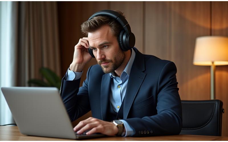 Wealthy man using luxury headphones in a sophisticated home office