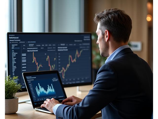 Executive analyzing financial charts on a multi-screen laptop setup