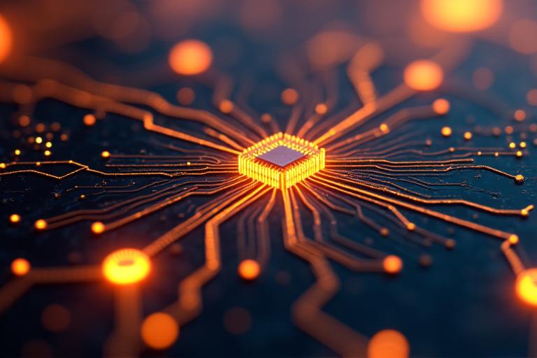 Abstract depiction of high-performance microchips with glowing circuits