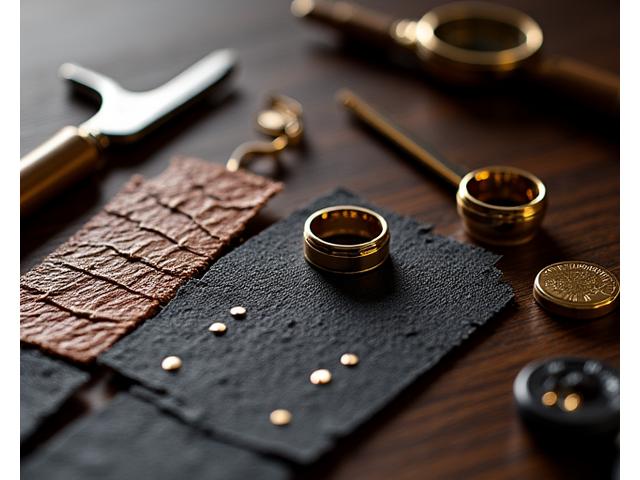 A luxurious workbench showing bespoke tech accessory components: a gold smart ring, a selection of exotic leather straps, and engraving tools, symbolizing personalization.