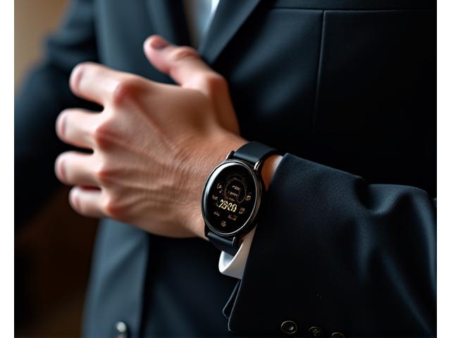 A sophisticated luxury smartwatch displaying insightful health metrics like heart rate and sleep patterns on a darkened, minimalist screen.