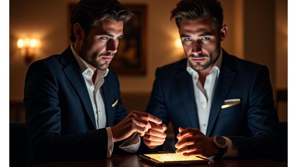 A man in an impeccably tailored suit discreetly tapping a smart ring to another professional's device, symbolizing effortless digital business card exchange.